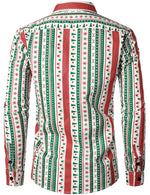 Men's Christmas Print Regular Fit Striped Xmas Holiday Long Sleeve Cotton Dress Shirt