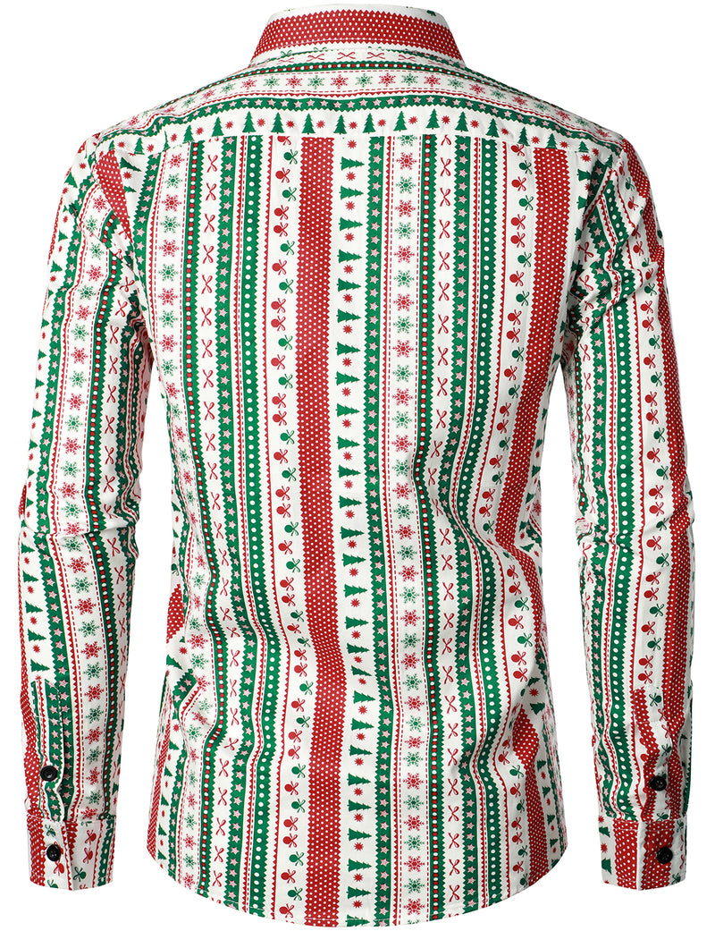 Men's Christmas Print Regular Fit Striped Xmas Holiday Long Sleeve Cotton Dress Shirt