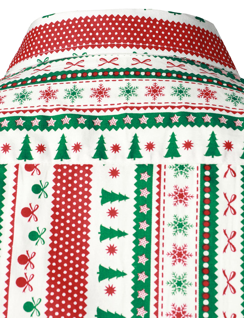 Men's Christmas Print Regular Fit Striped Xmas Holiday Long Sleeve Cotton Dress Shirt
