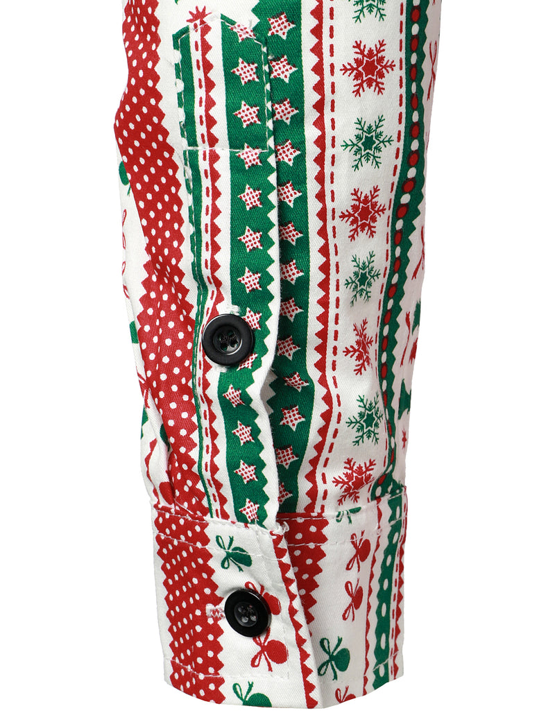 Men's Christmas Print Regular Fit Striped Xmas Holiday Long Sleeve Cotton Dress Shirt