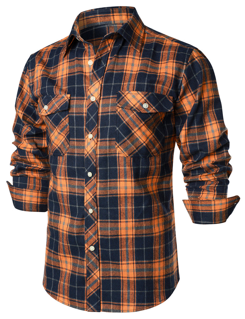 Men's Casual Plaid Double Pocket Flannel Checkered Button Up Long Sleeve Shirt