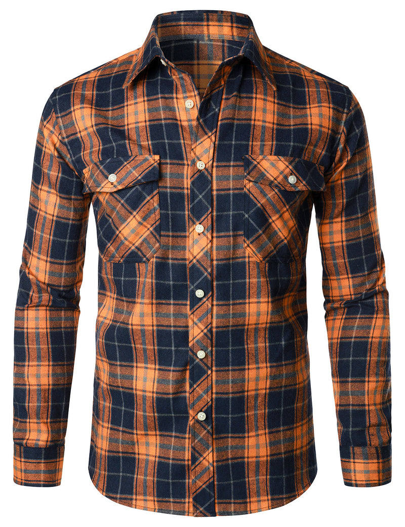 Men's Casual Plaid Double Pocket Flannel Checkered Button Up Long Sleeve Shirt