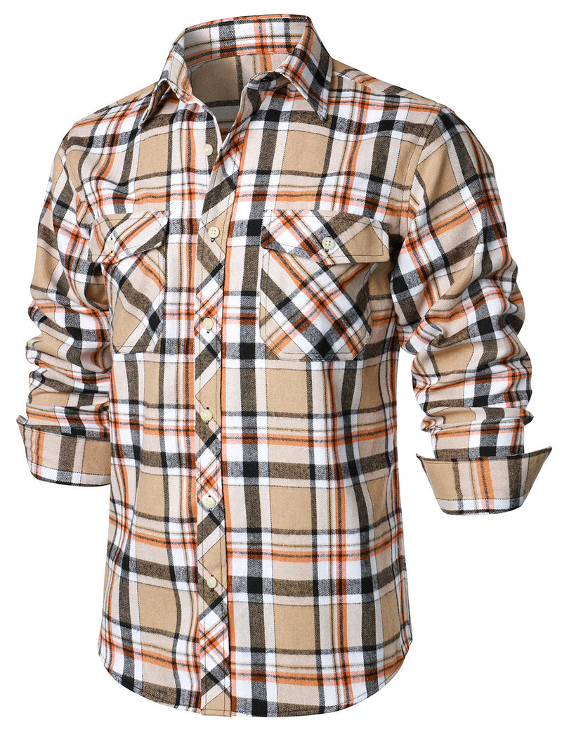 Men's Plaid Double Pocket Button Up Checkered Lapel Long Sleeve Fall Winter Shirt