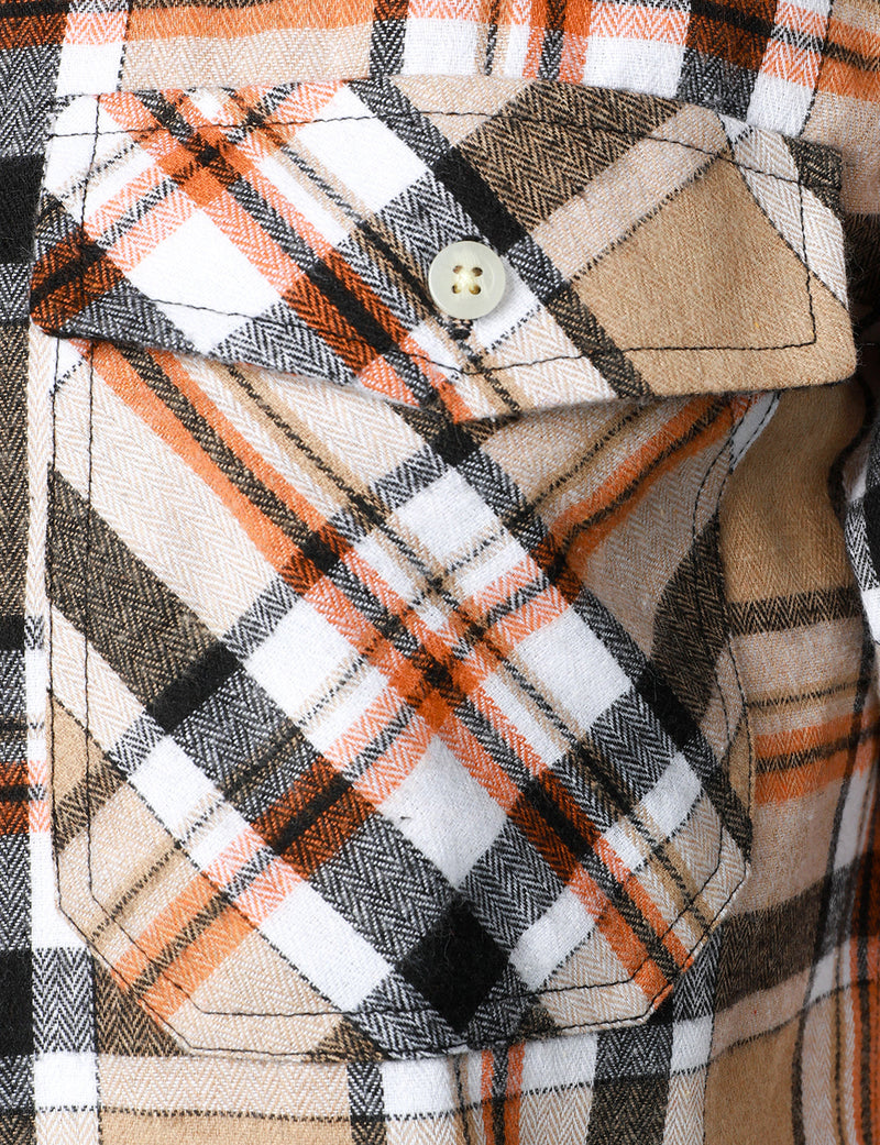 Men's Plaid Double Pocket Button Up Checkered Lapel Long Sleeve Fall Winter Shirt