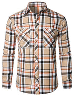 Men's Plaid Double Pocket Button Up Checkered Lapel Long Sleeve Fall Winter Shirt
