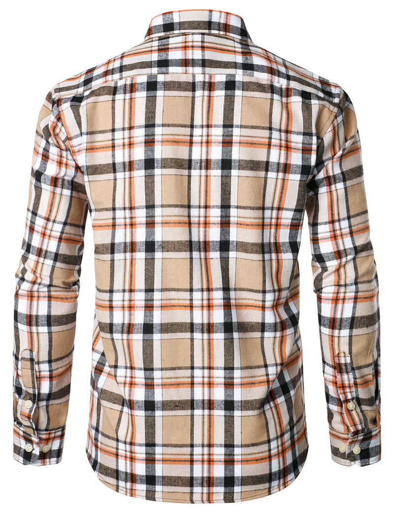 Men's Plaid Double Pocket Button Up Checkered Lapel Long Sleeve Fall Winter Shirt