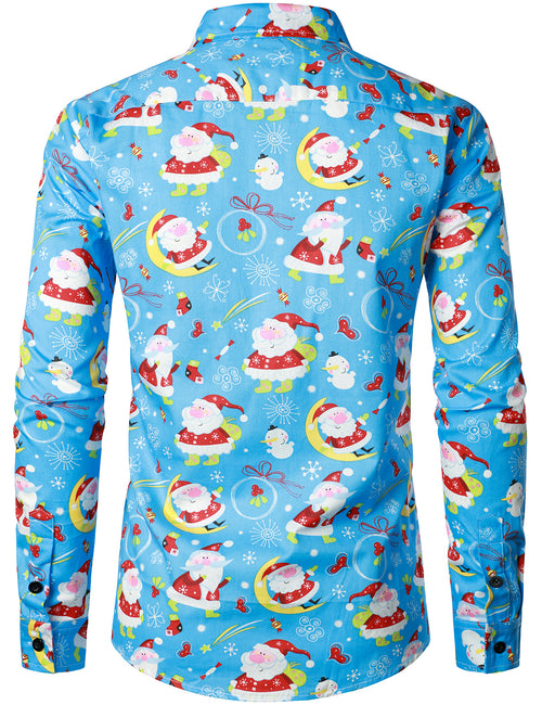Men's Christmas Santa Print Regular Fit Blue Button Up Long Sleeve Dress Shirt