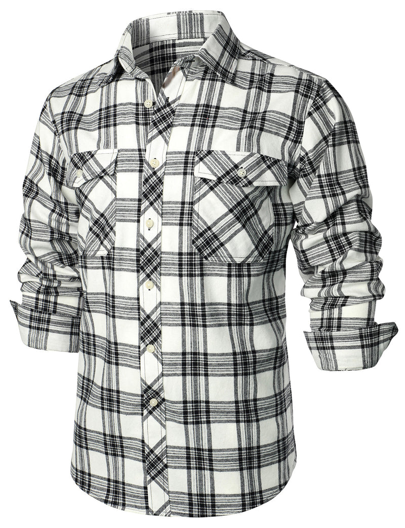Men's Plaid Double Pocket Button Up Checkered Lapel Long Sleeve Fall Winter Shirt