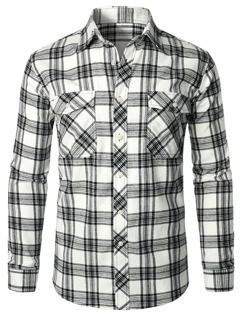 Men's Plaid Double Pocket Button Up Checkered Lapel Long Sleeve Fall Winter Shirt