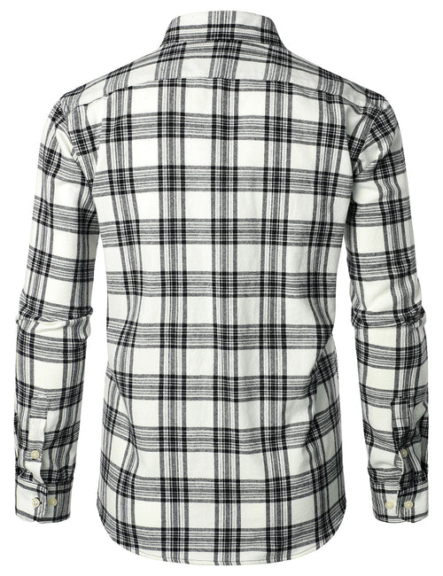 Men's Plaid Double Pocket Button Up Checkered Lapel Long Sleeve Fall Winter Shirt