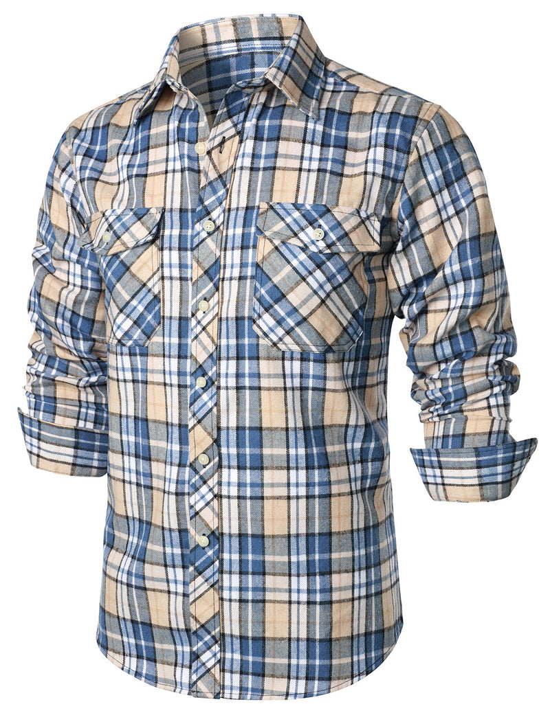Men's Plaid Double Pocket Button Up Checkered Lapel Long Sleeve Fall Winter Shirt