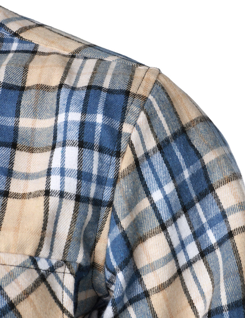 Men's Plaid Double Pocket Button Up Checkered Lapel Long Sleeve Fall Winter Shirt