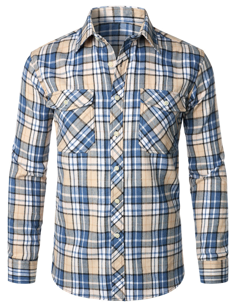 Men's Plaid Double Pocket Button Up Checkered Lapel Long Sleeve Fall Winter Shirt