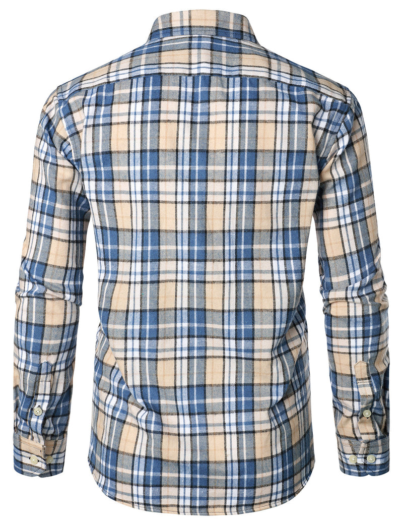 Men's Plaid Double Pocket Button Up Checkered Lapel Long Sleeve Fall Winter Shirt