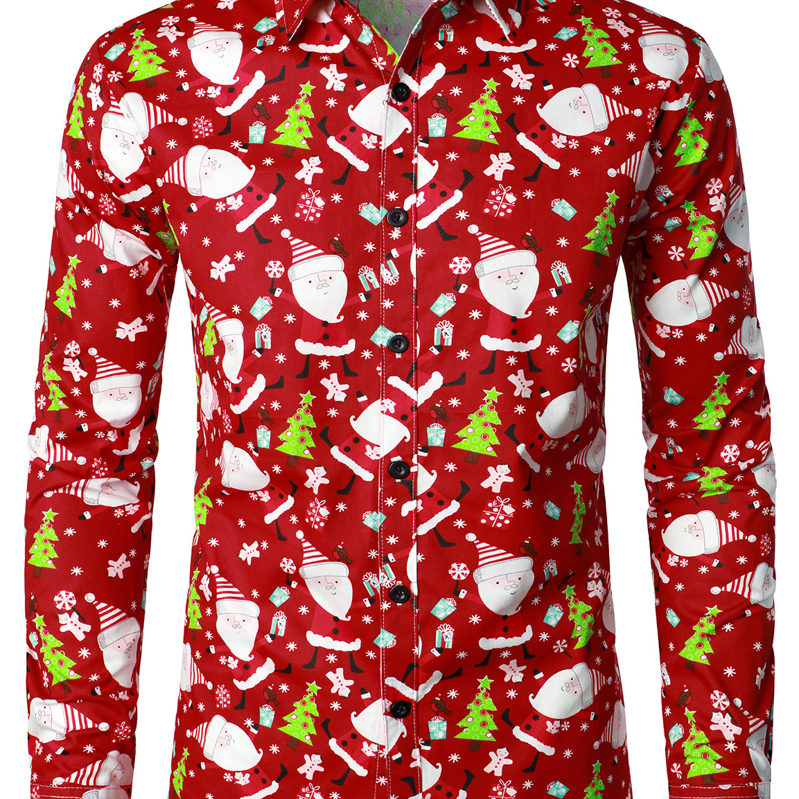 Men's Christmas Santa Print Regular Fit Red Button Up Long Sleeve Dress Shirt