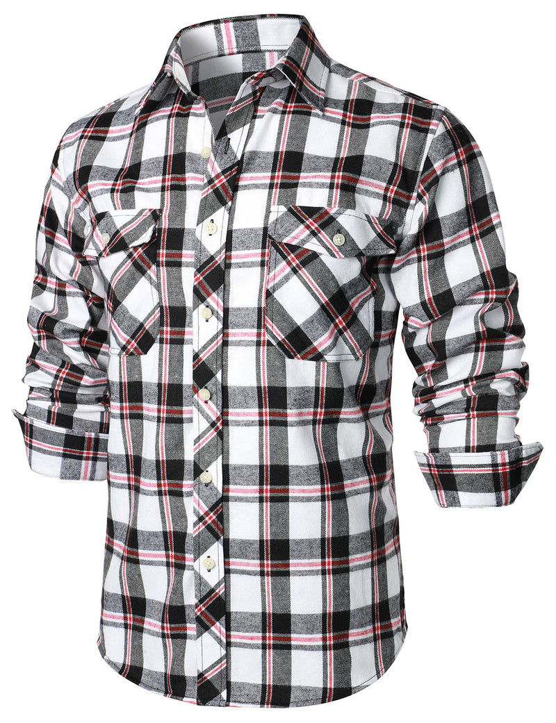 Men's Plaid Double Pocket Button Up Lapel Long Sleeve Flannel Shirt