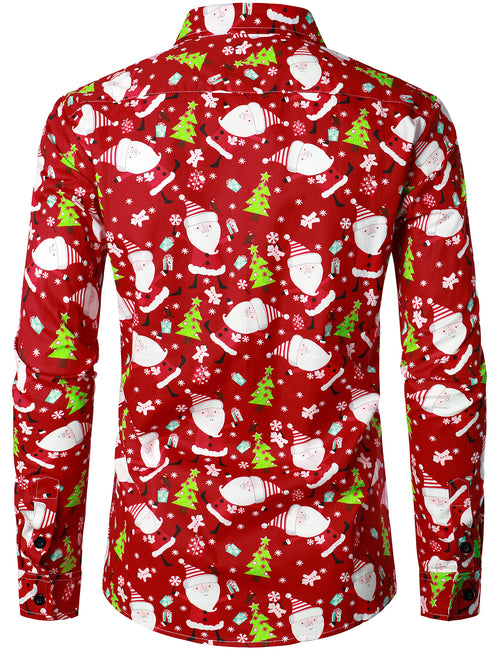 Men's Christmas Santa Print Regular Fit Red Button Up Long Sleeve Dress Shirt