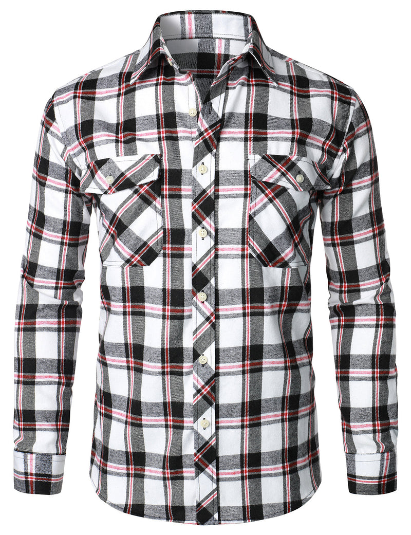 Men's Plaid Double Pocket Button Up Lapel Long Sleeve Flannel Shirt