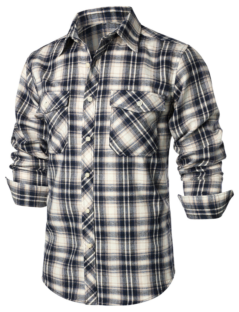 Men's Flannel Double Pocket Checkered Button Up Long Sleeve Casual Plaid Shirt