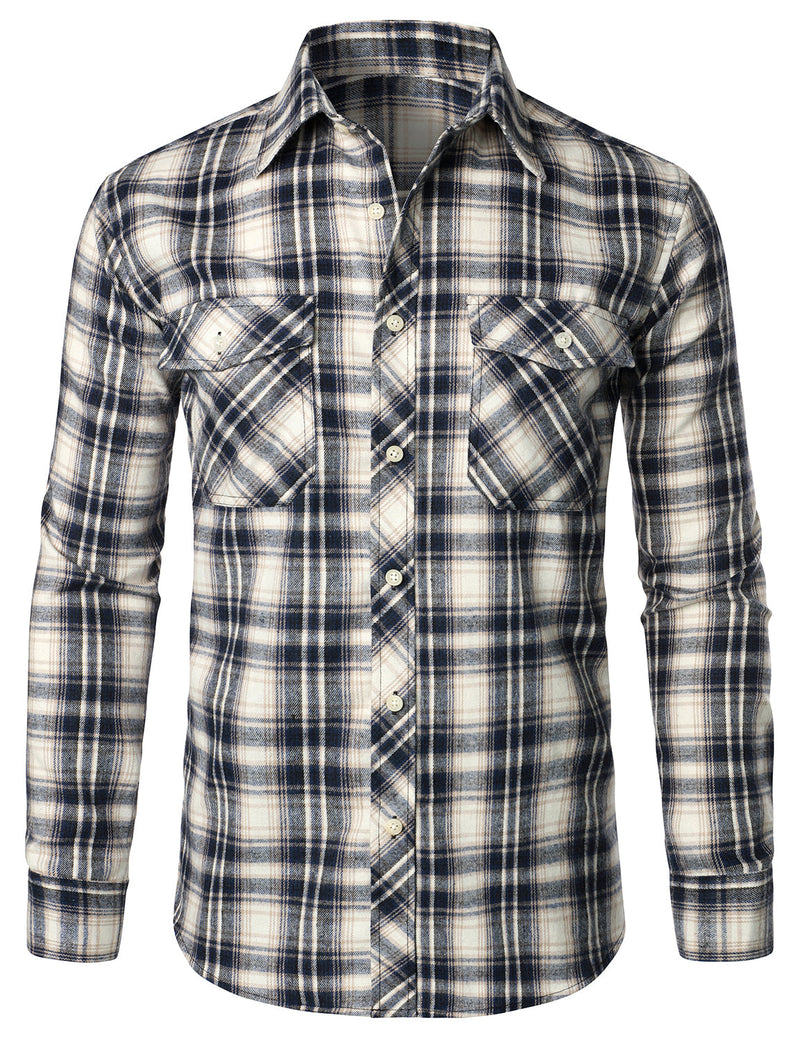 Men's Flannel Double Pocket Checkered Button Up Long Sleeve Casual Plaid Shirt