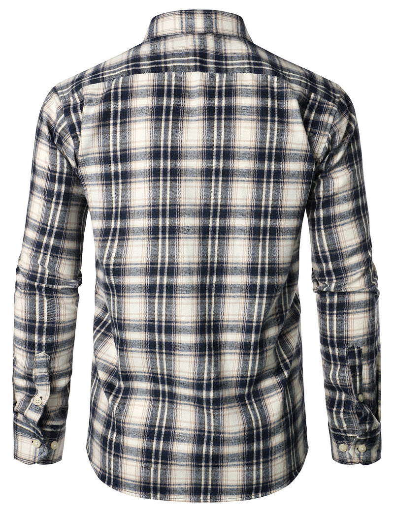 Men's Flannel Double Pocket Checkered Button Up Long Sleeve Casual Plaid Shirt