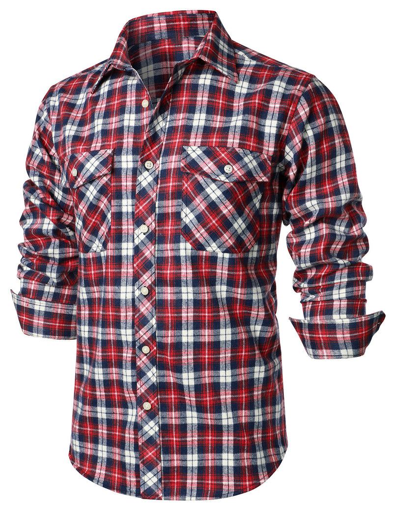 Men's Plaid Double Pocket Button Up Lapel Long Sleeve Flannel Shirt