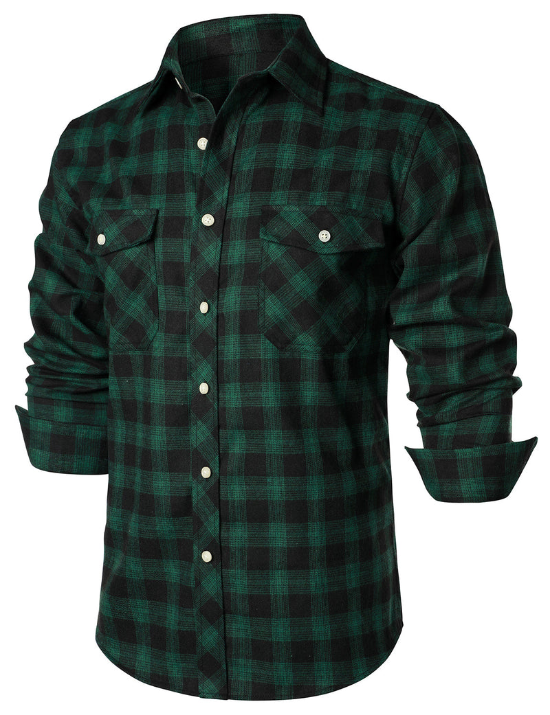 Men's Casual Plaid Double Pocket Flannel Checkered Button Up Long Sleeve Shirt