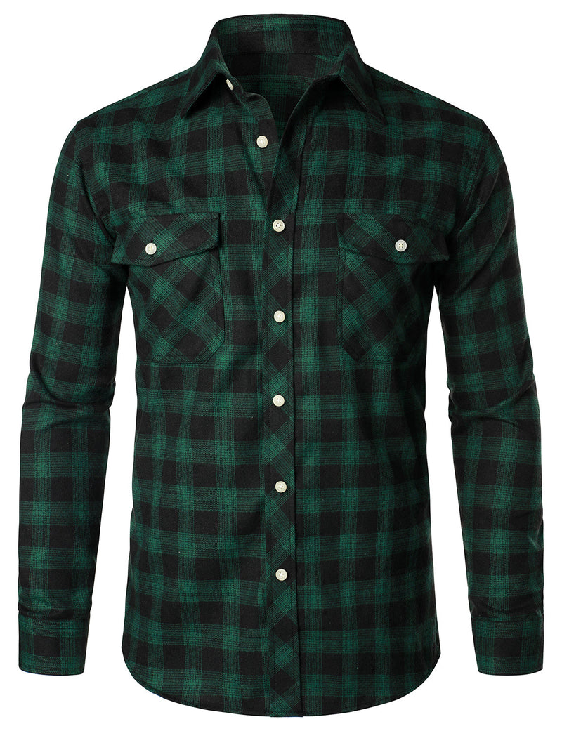 Men's Casual Plaid Double Pocket Flannel Checkered Button Up Long Sleeve Shirt