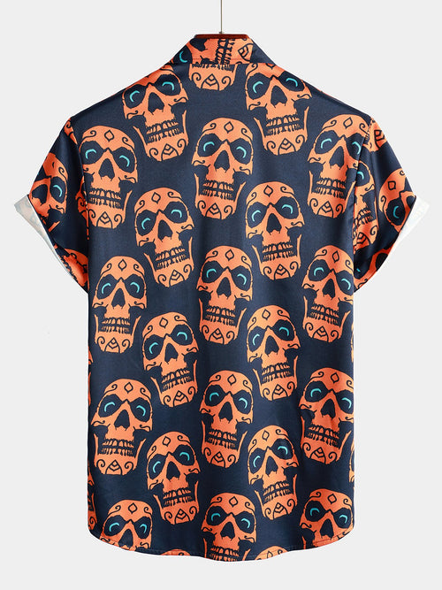Men's Funny Skull Print Navy Blue Short Sleeve Shirt