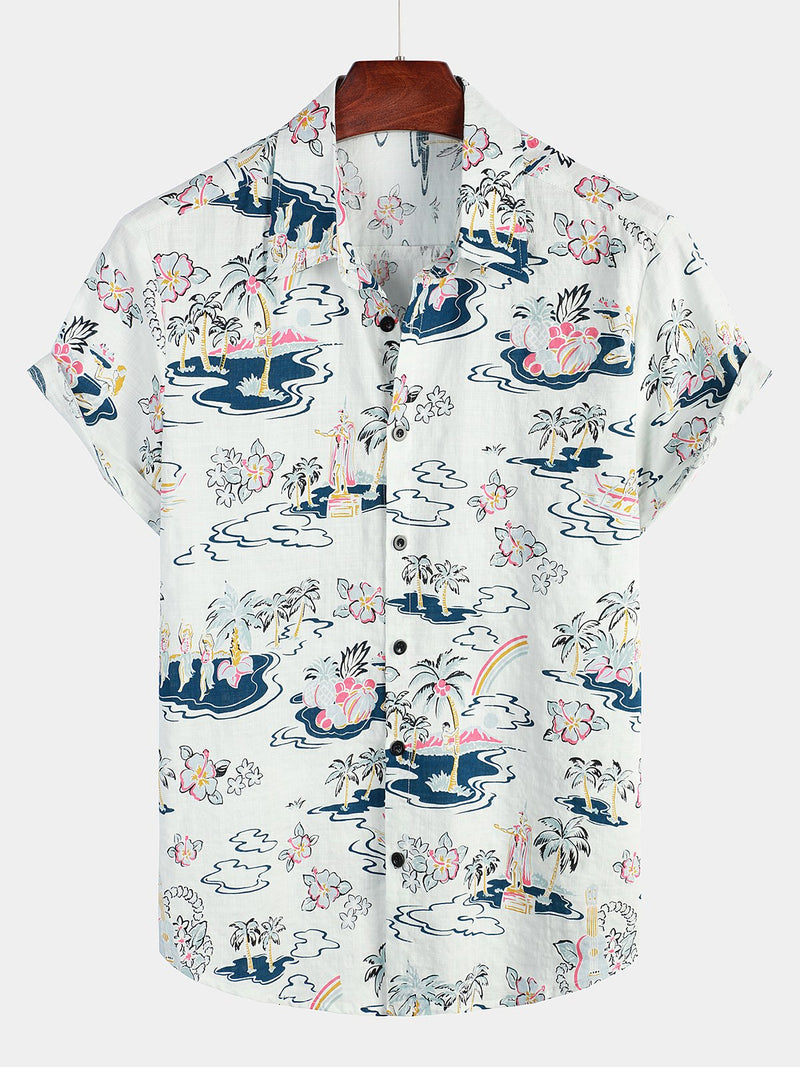 Men's Casual Hawaiian Cotton Print Short Sleeve Shirt
