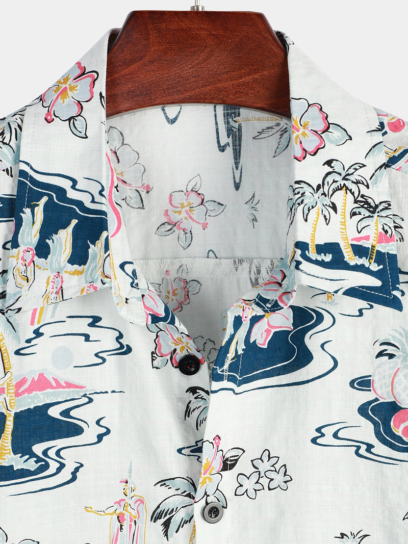 Men's Casual Hawaiian Cotton Print Short Sleeve Shirt