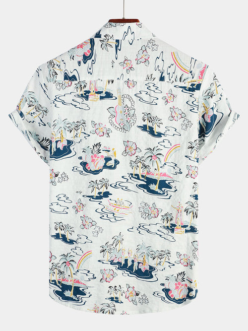 Men's Casual Hawaiian Cotton Print Short Sleeve Shirt