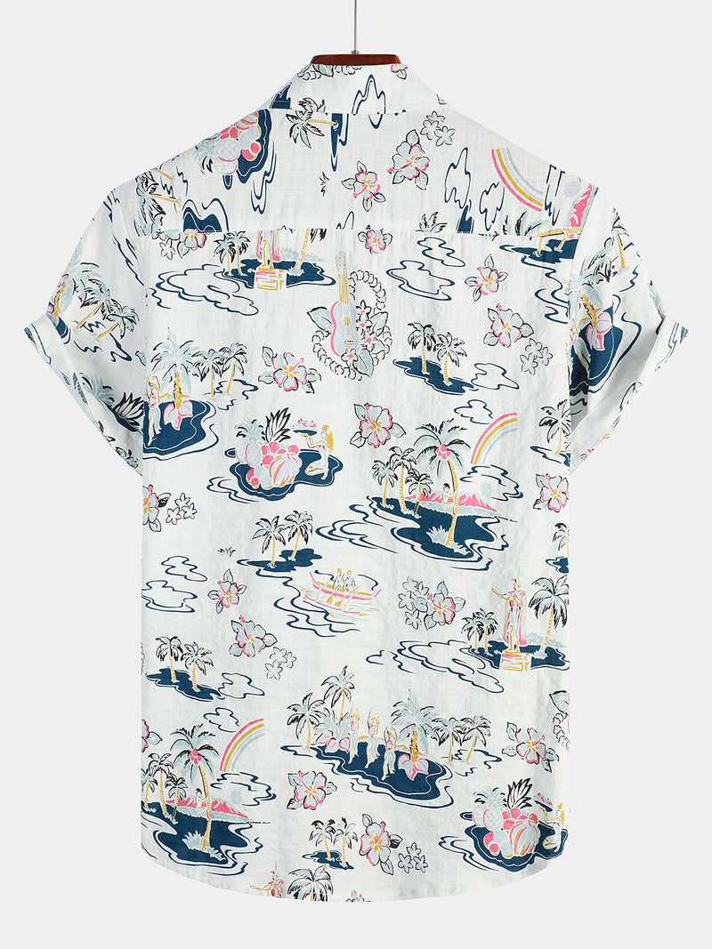 Men's Casual Hawaiian Cotton Print Short Sleeve Shirt