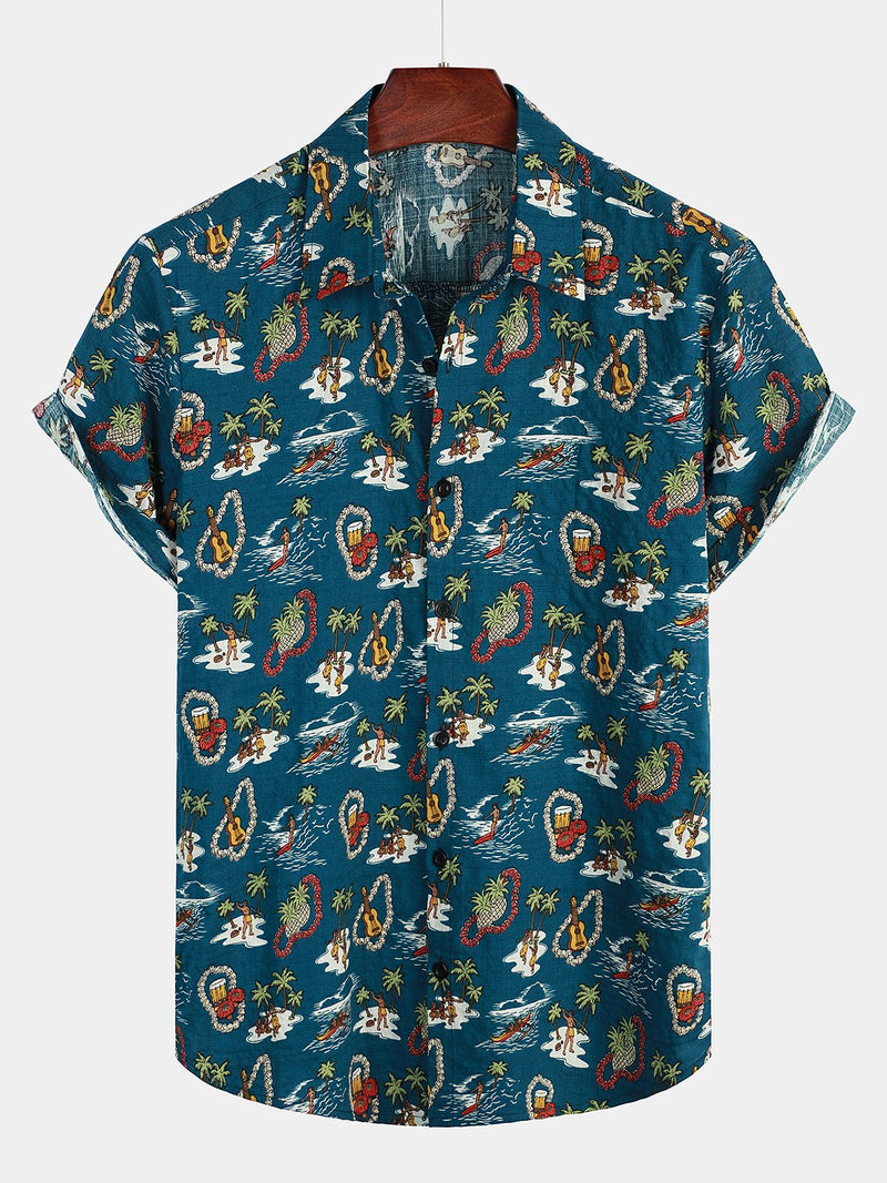 Men's Casual Hawaiian Cotton Print Short Sleeve Shirt