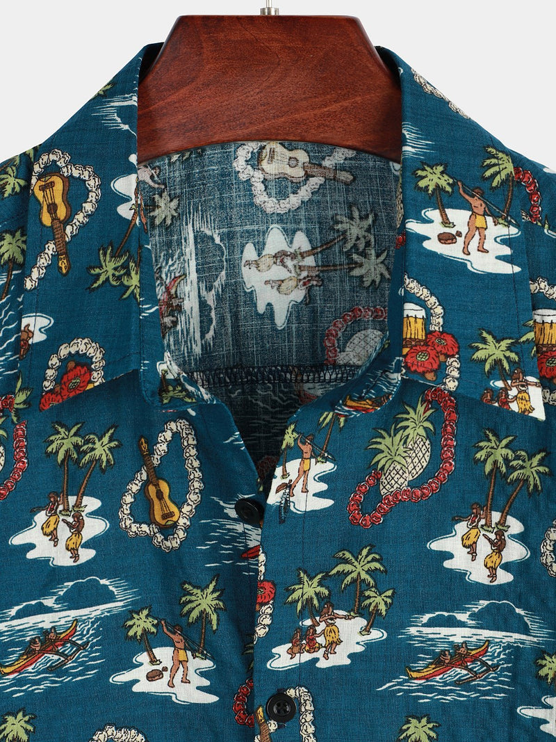 Men's Casual Hawaiian Cotton Print Short Sleeve Shirt