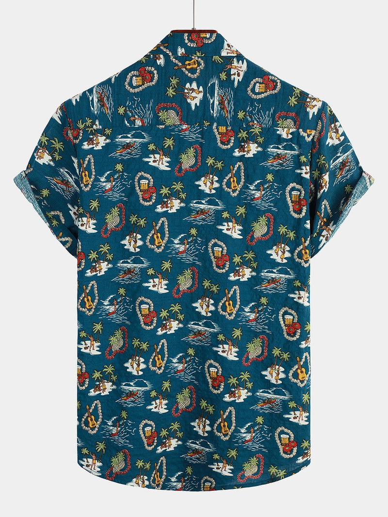 Men's Casual Hawaiian Cotton Print Short Sleeve Shirt