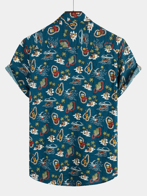Men's Casual Hawaiian Cotton Print Short Sleeve Shirt