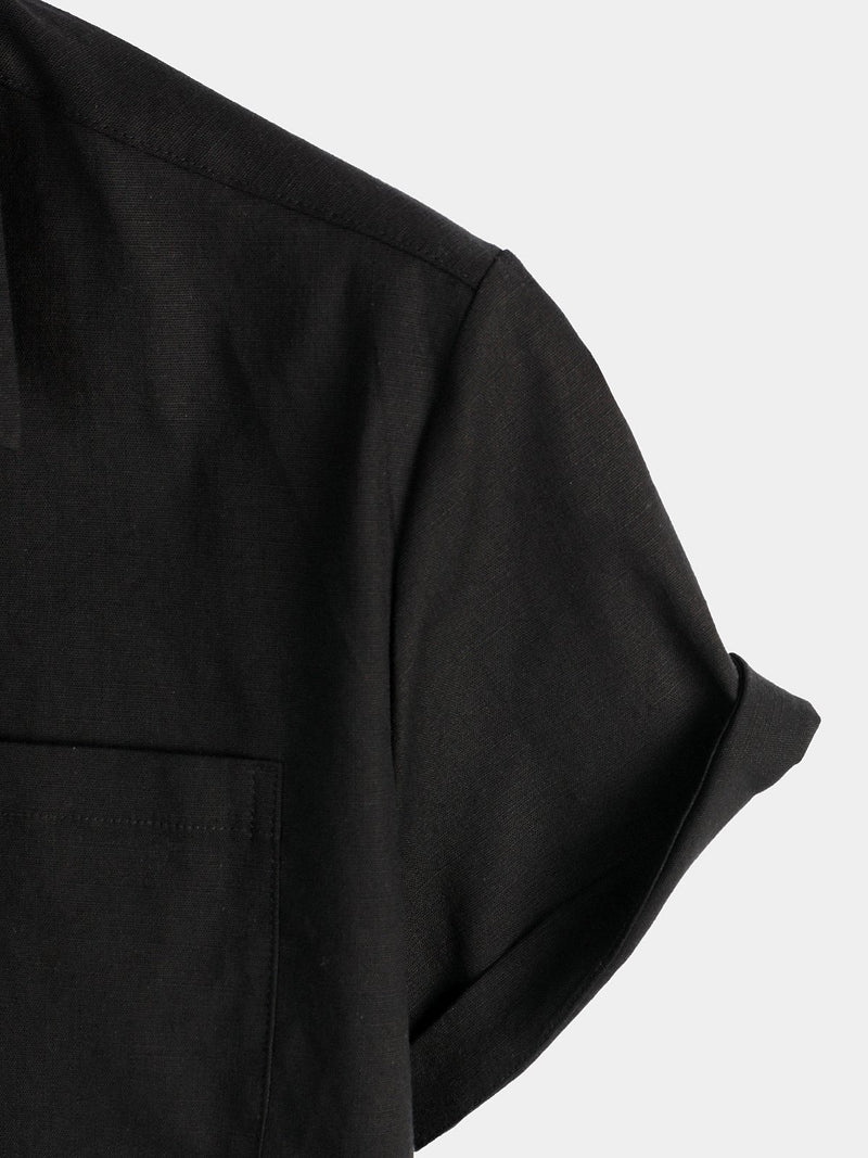 Men's Solid Color Linen Cotton Pocket Casual Button Short Sleeve Shirt