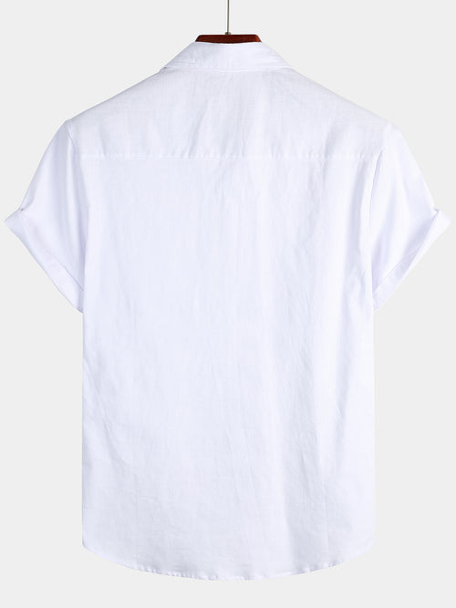 Men's Solid Color Linen Cotton Pocket Casual Button Short Sleeve Shirt