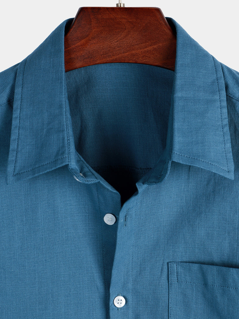 Men's Solid Color Linen Cotton Pocket Casual Button Short Sleeve Shirt