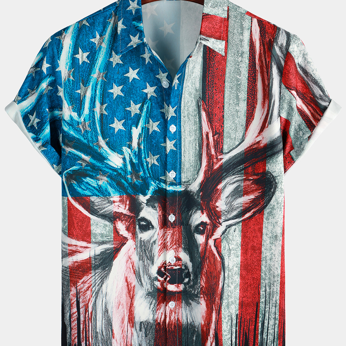 Men's American USA Flag Deer Print Casual Short Sleeve Button Up Shirt