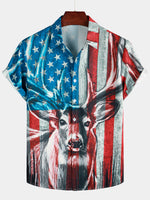 Men's American USA Flag Deer Print Casual Short Sleeve Button Up Shirt