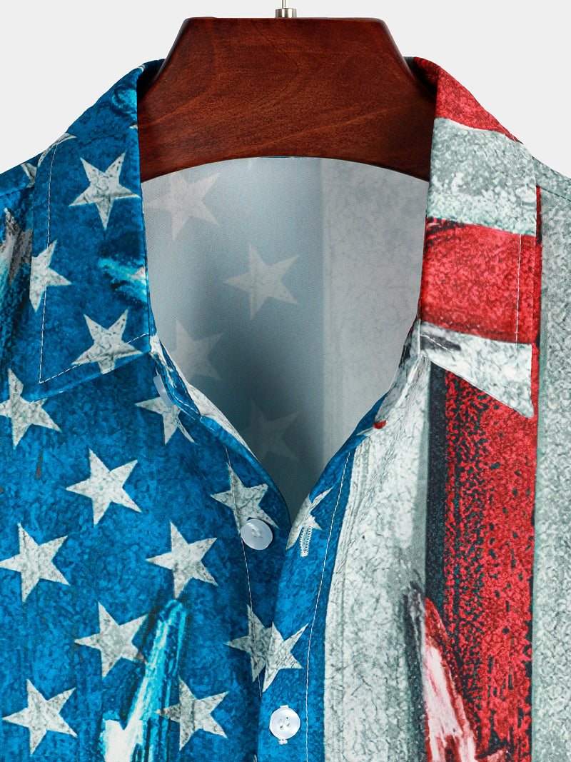 Men's American USA Flag Deer Print Casual Short Sleeve Button Up Shirt