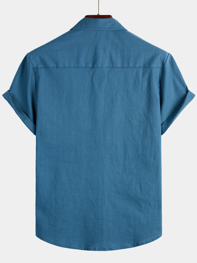 Men's Solid Color Linen Cotton Pocket Casual Button Short Sleeve Shirt