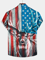Men's American USA Flag Deer Print Casual Short Sleeve Button Up Shirt