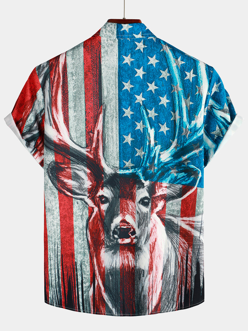 Men's American USA Flag Deer Print Casual Short Sleeve Button Up Shirt
