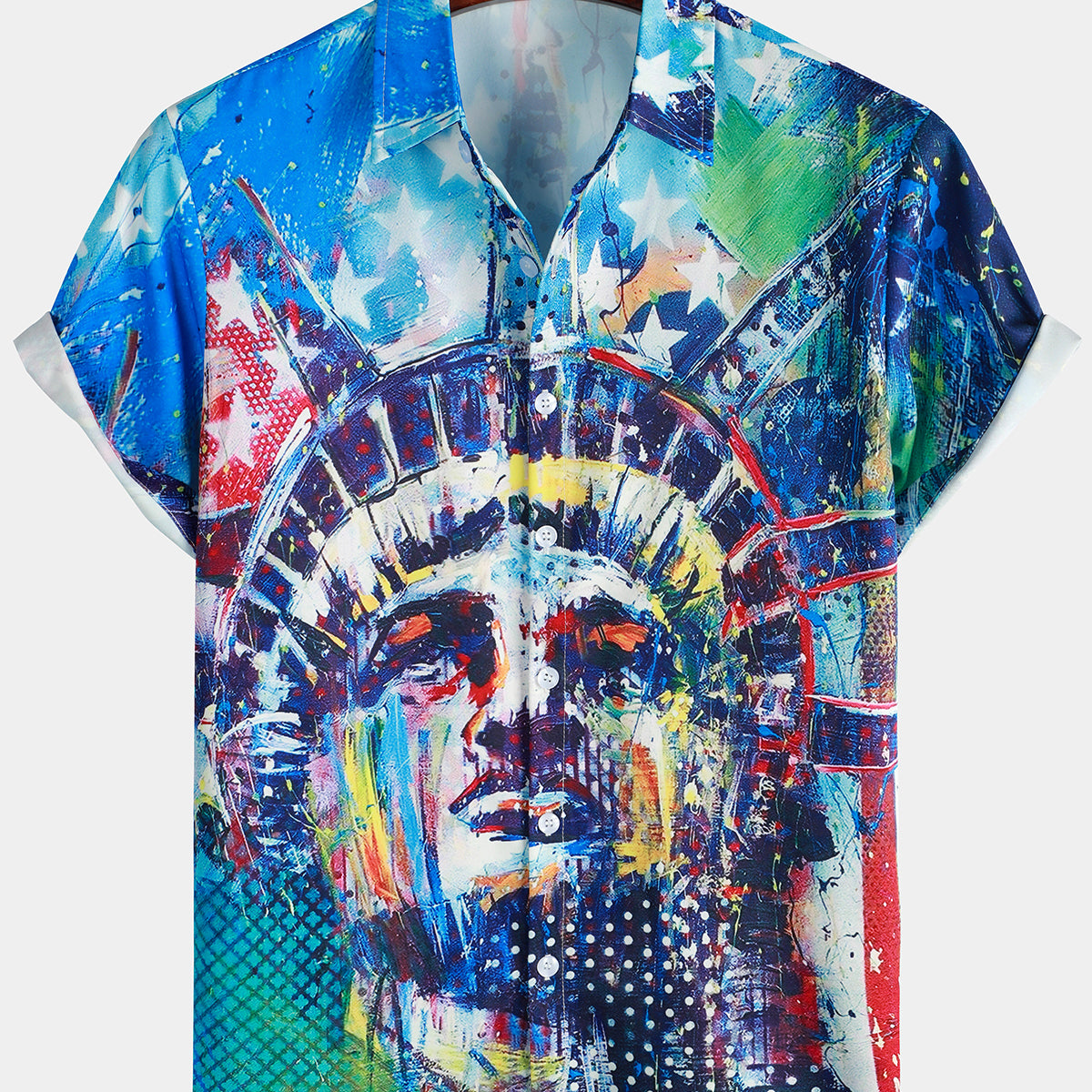 Men's Statue of Liberty American Print Summer Short Sleeve Button Up Shirt