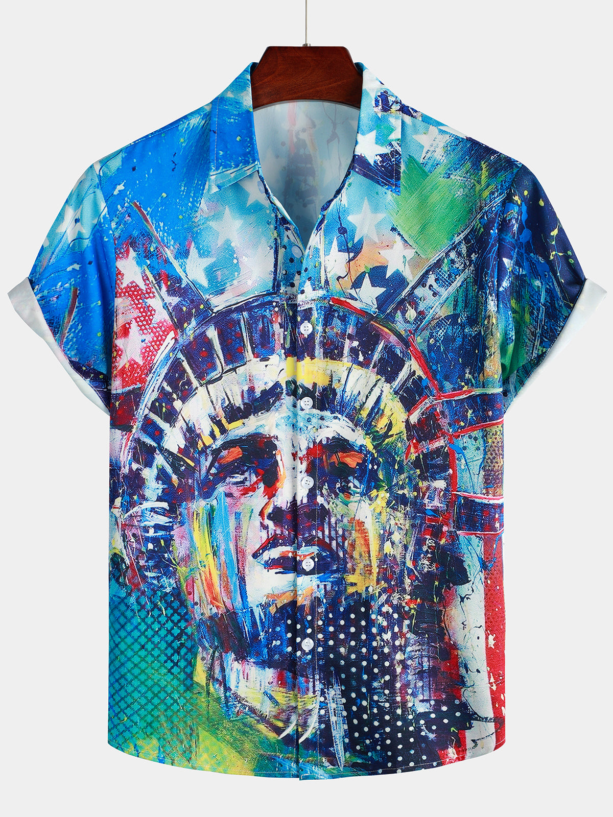 Men's Statue of Liberty American Print Summer Short Sleeve Button Up Shirt