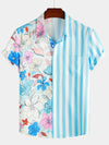 Men's Floral Blue Striped Print Vacation Summer Short Sleeve Beach Button Up Shirt