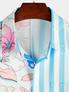 Men's Floral Blue Striped Print Vacation Summer Short Sleeve Beach Button Up Shirt